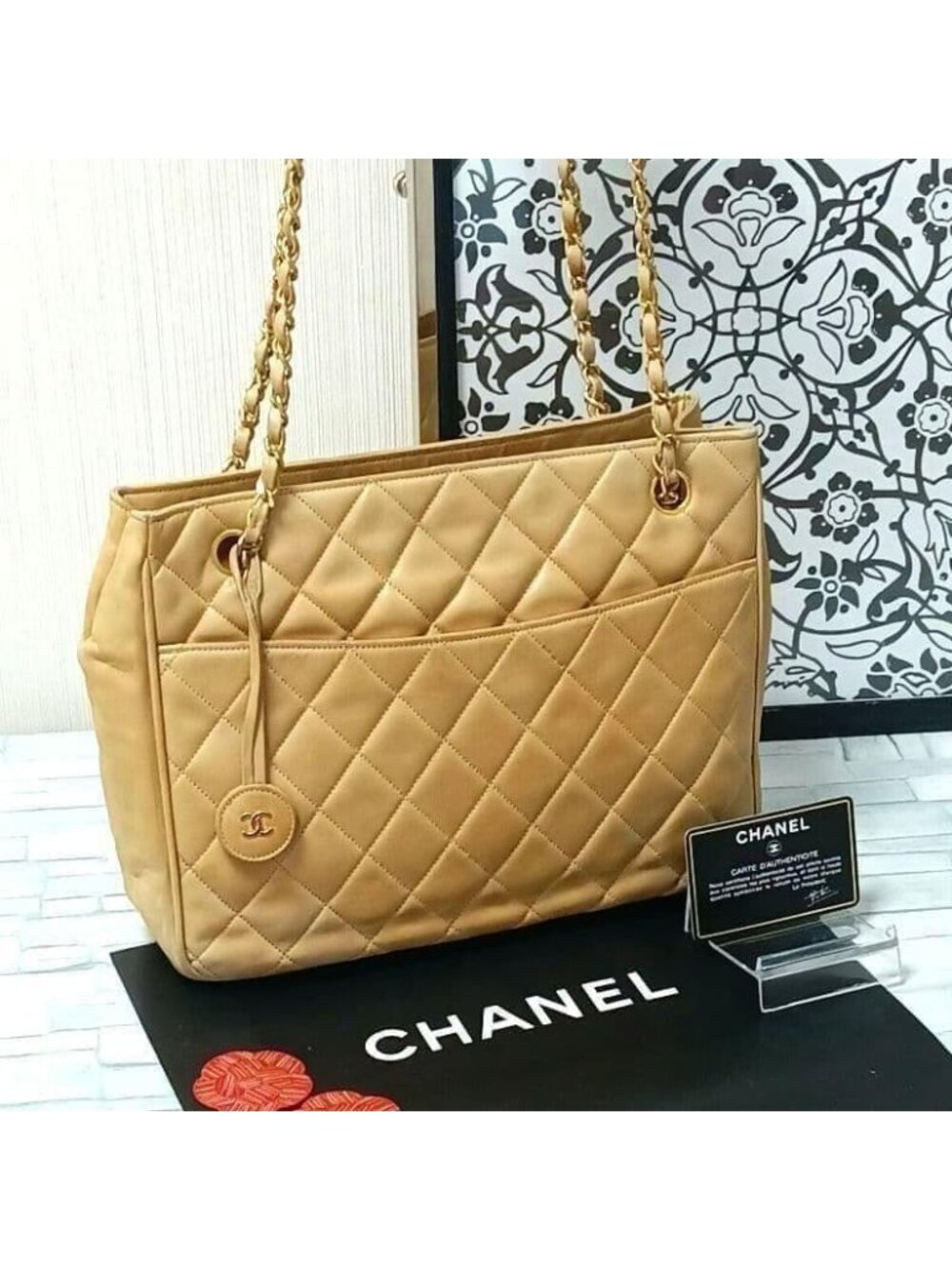Chanel Quilted Chain Shoulder Lambskin Beige CC Logo
